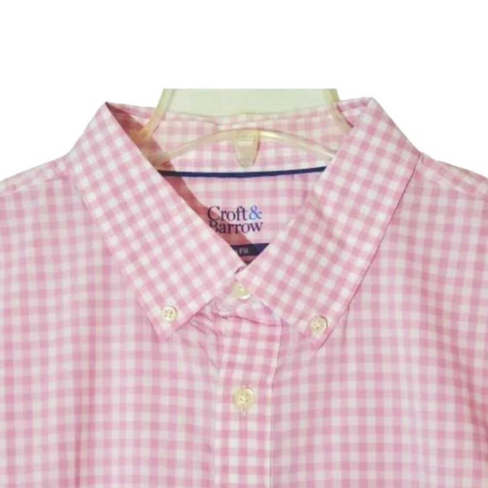 Men Croft & Barrow Slim-Fit Woven Button-Down Short Sleeve Shirt XXL Pink Preppy